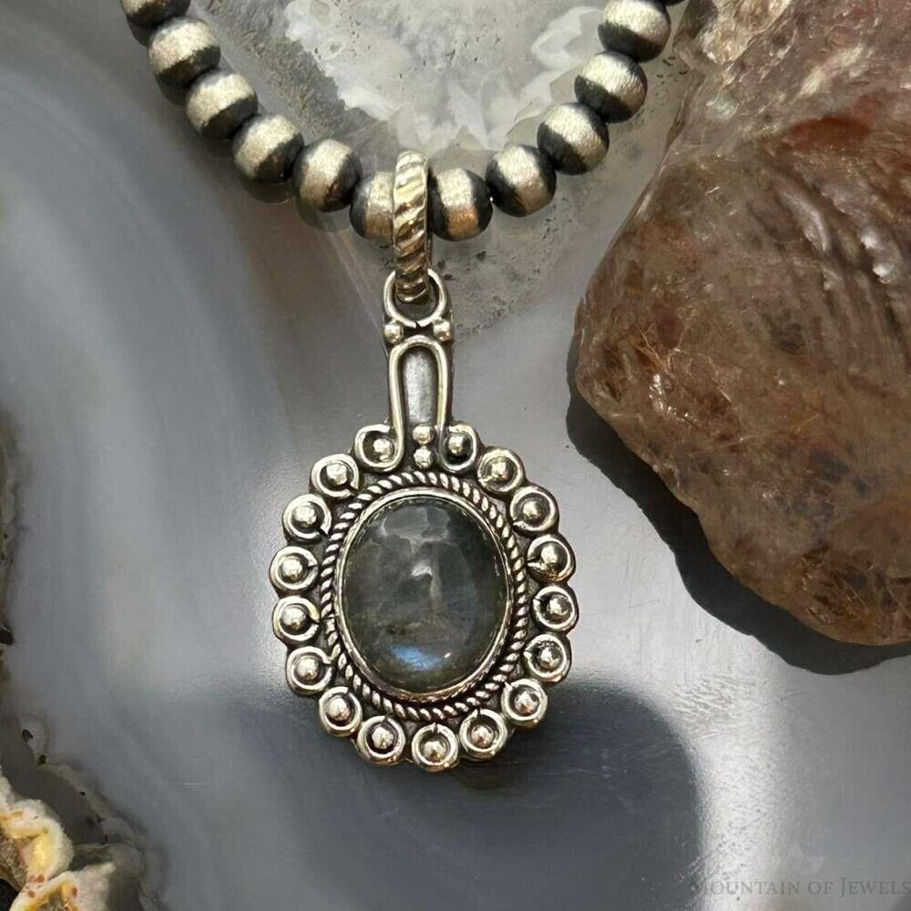 Sterling Southwestern Style Oval Labradorite Decorated Charm/Pendant For Women